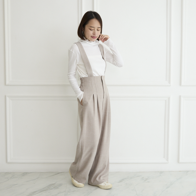 【3サイズ】着回し抜群 肩紐を取り外せる 2Way 大人女子なハイウエストサロペット　ベージュ　0634BE