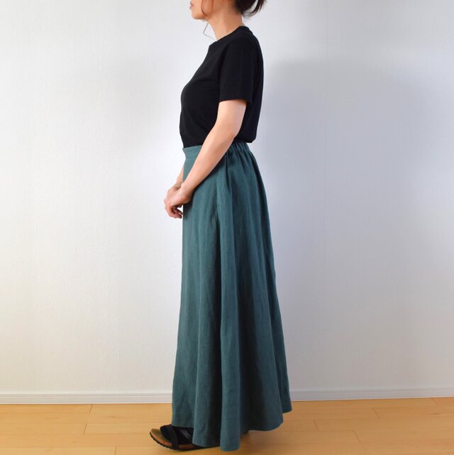 リネン100％ ロング フレアスカート マキシ丈/green グリーン