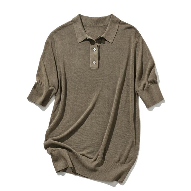 ★即納★夏の新定番！リネン100％ポロシャツ　5分袖ニット　オリーブ色　240527-1