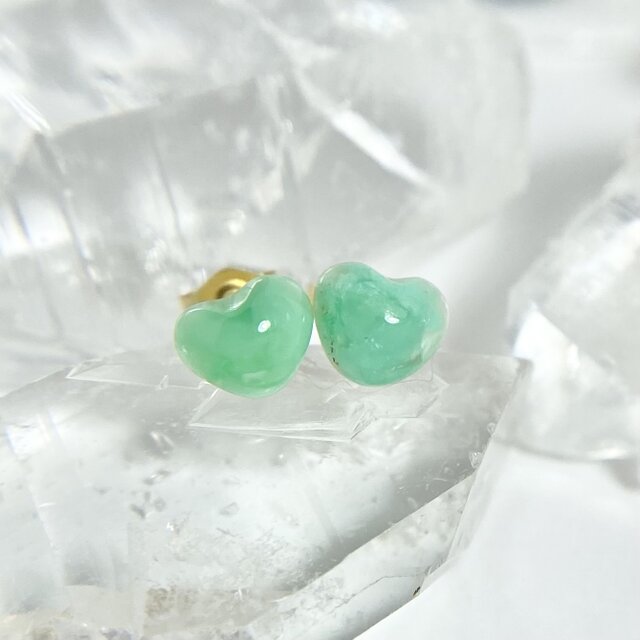 天然クリソプレーズハート両耳ピアス☆オーストラリア産原石から磨いた１点もの！