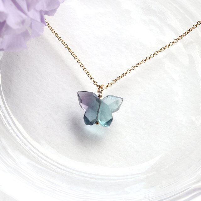 紫陽花色 バタフライ フローライト ネックレス／天然石 14Kgf 石が