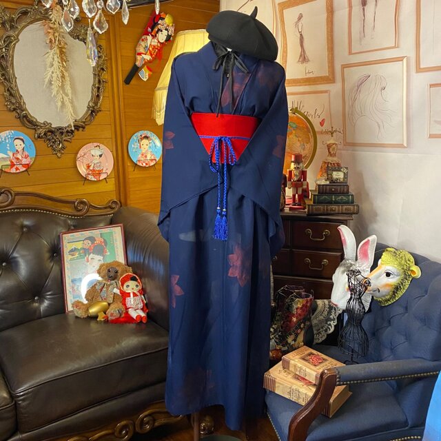 和洋折衷 夏着物リメイク ワンピース ドレス 帯サッシュベルト レトロ 