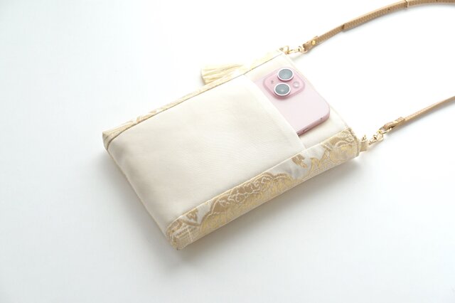 花唐草 ゴールド シルク帯リメイク スマホショルダーバッグ】和装