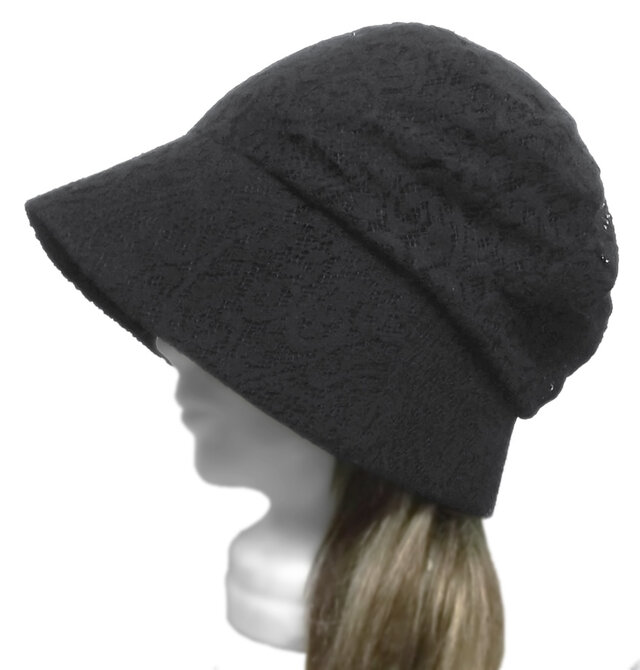 ゆったりトップ・つば広バケットハット◆コットンレース／ブラック　◇紫外線対策・小顔効果・オールシーズン着用◇