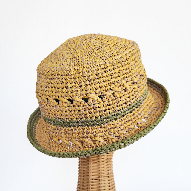 イエローストロー コットンラフィア 麦わら風 夏の帽子 黄色 手編み 陽射し対策 日よけ M ナチュラル 軽い 再生繊維