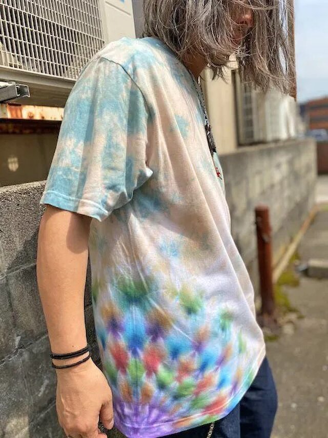 タイダイ染め Tシャツ　XXLサイズ　曼荼羅　ブルー×ベージュ　ムラ染め　Hippies Dye HD21-78