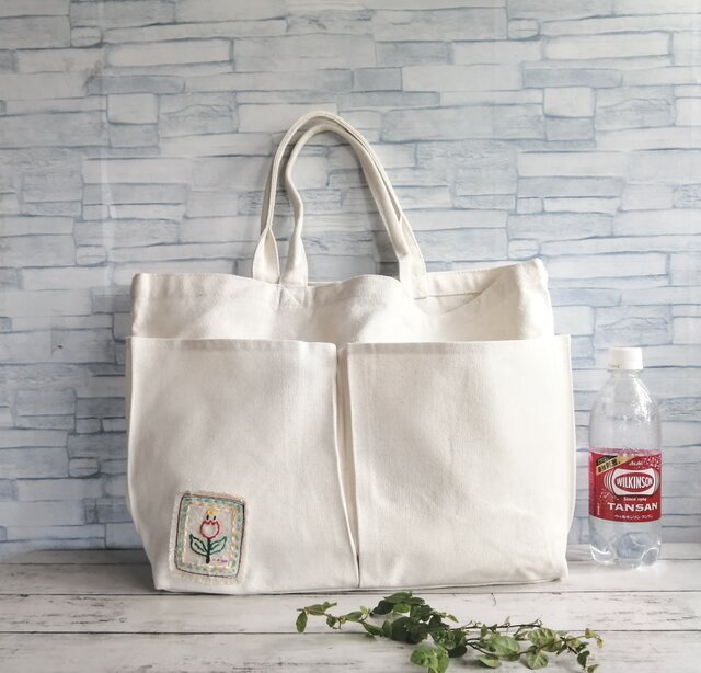クロスステッチ❤︎本革持ち手トートバッグ】ハンドメイド