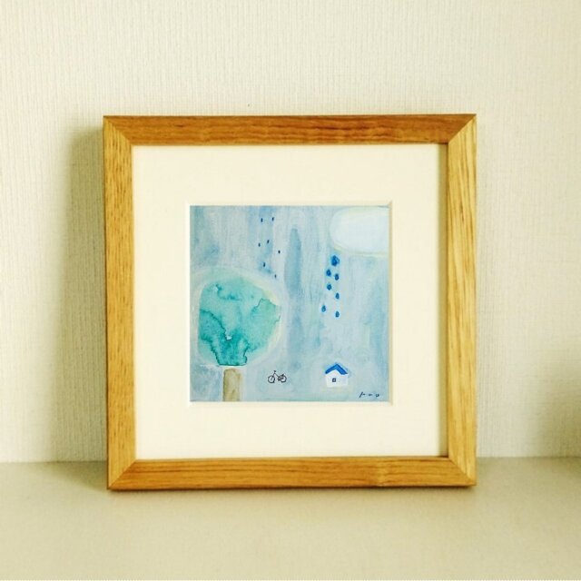 イラスト 原画「静かな雨の日」 ※木製額縁入り(18㎝角）インテリアアート