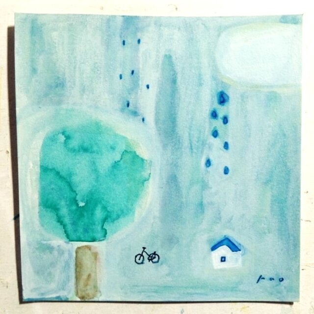原画・水彩画】「静かな雨の日」 ※木製額縁入り（18㎝角） | iichi