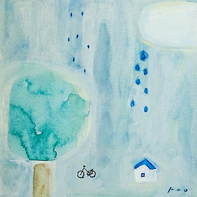 原画・水彩画】「静かな雨の日」 ※木製額縁入り（18㎝角） | iichi