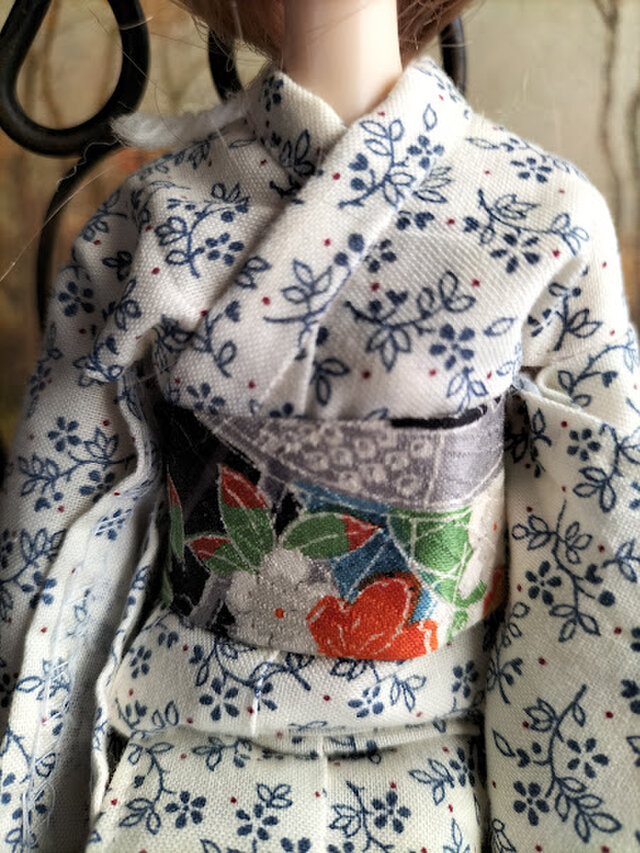 momoko用 浴衣と帯(白地に草花柄) ハンドメイド