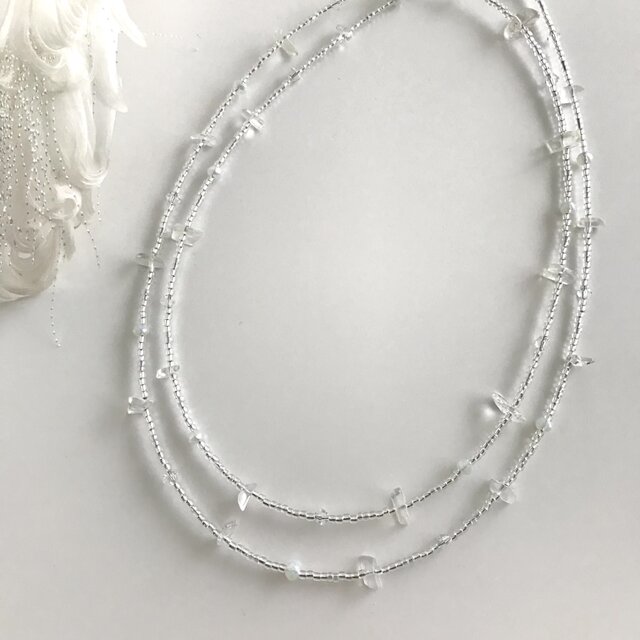 さざれ石 ロングネックレス　クリア 水晶 ムーンストーン 透明 3way