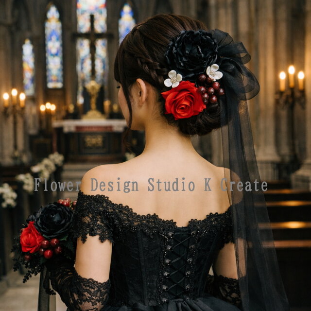 黒いピオニーと赤い薔薇のヘッドドレス ウェディング 結婚式 ヘッド