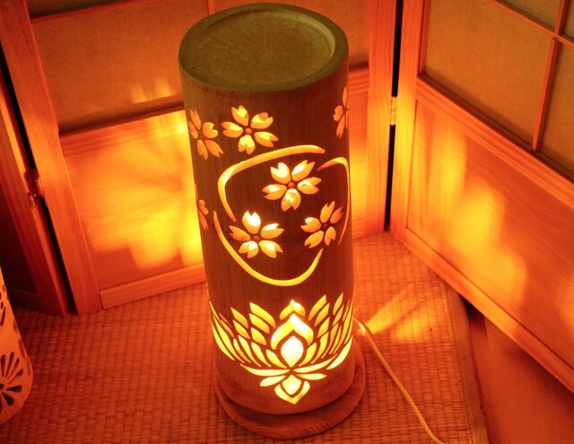 ◇全面彫・極太竹◇竹灯り・竹あかり・竹灯籠 ～～ 癒しの灯り ☆蓮桜