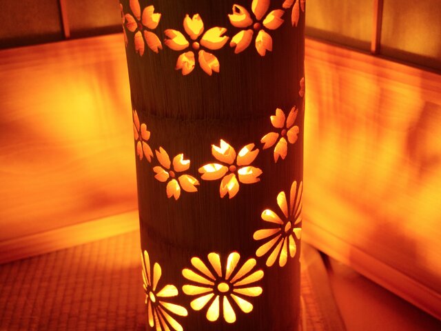 ◇全面彫・極太竹◇竹灯り・竹あかり・竹灯籠 ～～ 癒しの灯り ☆蓮桜