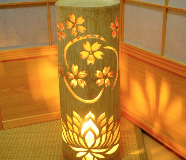 ◇全面彫・極太竹◇竹灯り・竹あかり・竹灯籠 ～～ 癒しの灯り ☆蓮桜