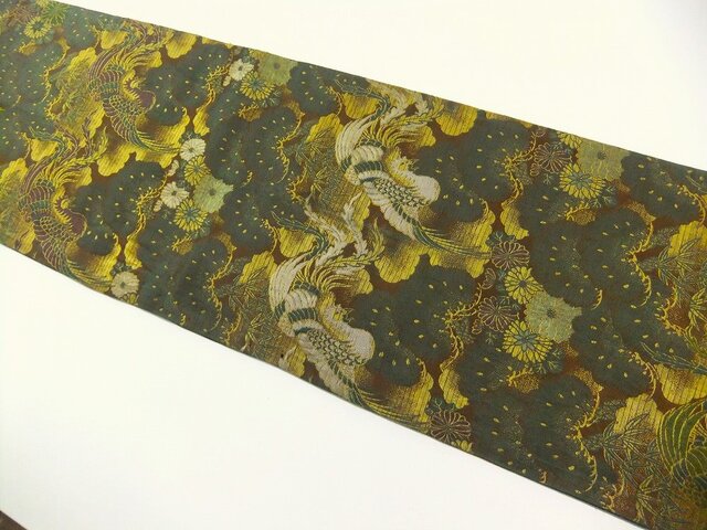 16)1988】188cm/大正昭和時代の帯からリメイク/鳳凰/タペストリー
