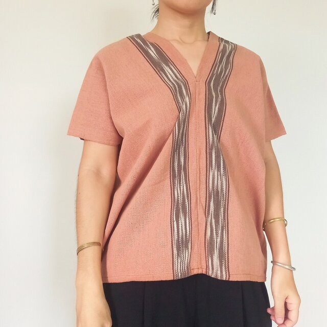 かすり染めブラウス オレンジブラウン / 草木染め 手織りコットン / 絣染め イカット / 貫頭衣シャツ