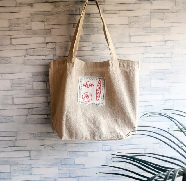 3種類のパンの刺繍 トートバッグ ショルダーバッグ ベージュ