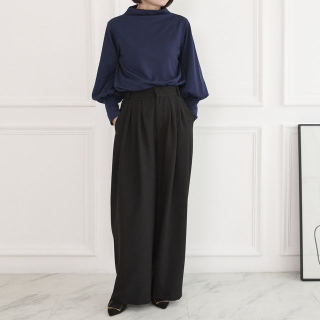 【洗える】プリーツタック ワイドパンツ  後ろウエストゴム 　【4サイズ】  ブラック　0635BK