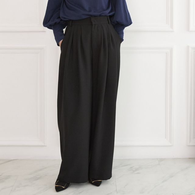 洗える】プリーツタック ワイドパンツ 後ろウエストゴム 【4サイズ