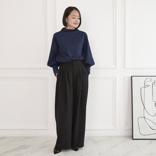 洗える】プリーツタック ワイドパンツ 後ろウエストゴム 【4サイズ