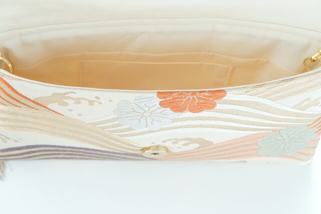 桜 荒波青海波模様 シルク帯リメイク 2Wayクラッチ＆ハンドバッグ