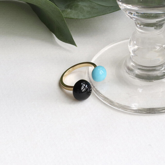キングマンターコイズ×ブラックオニキス フォークリング｜天然石