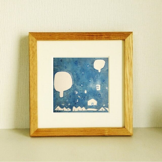 静かな気持ちになる絵｜原画「夜の雨の音」水彩イラスト　※木製額縁入り