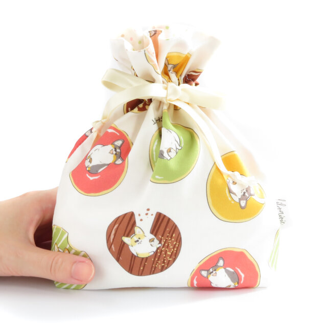 【コギちゃく】コーギーとスズメとドーナツと 巾着ポーチ（ノーマルサイズ）