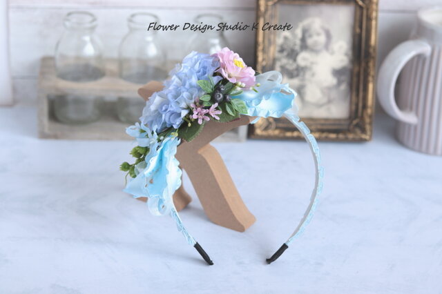 アリスブルーのダリアとピンクの薔薇のリボンカチューシャ 結婚式