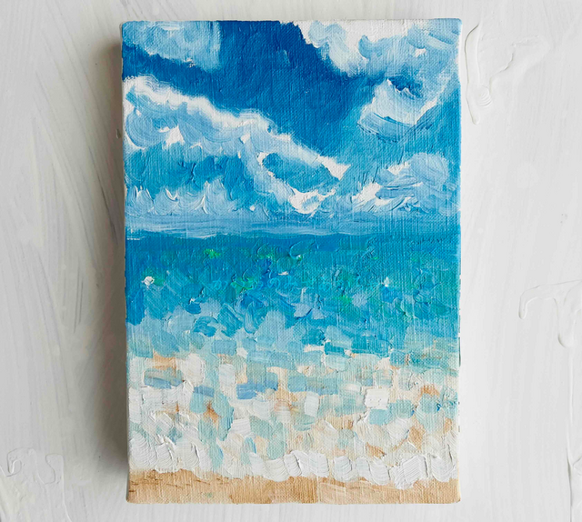16×23㎝「晴れた日の海　6」油彩・原画・サムホール 原画「晴れた日の海 6」サムホール・油彩 | iichi 日々の暮らし