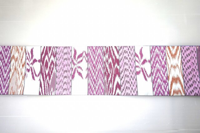 ピンク紫系裂き織りと、ブルーのライン入りリバーシブル半幅帯 HAN1618