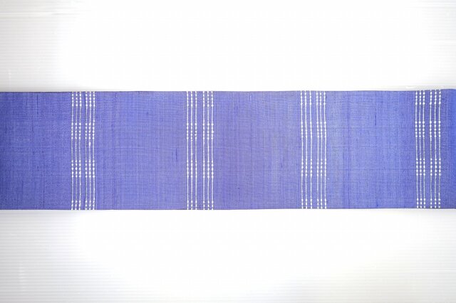 ピンク紫系裂き織りと、ブルーのライン入りリバーシブル半幅帯
