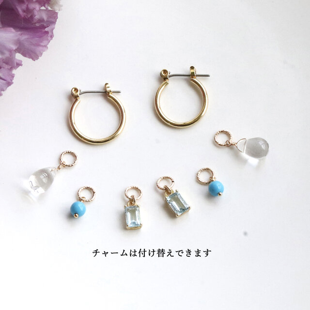 宝石質スカイブルートパーズ 天然石チャーム3点＋チタンフープピアス