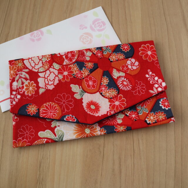 セール✨【送料無料】おしゃれ袱紗　リバーシブル　慶弔両用　マルチケース　マスクケース　お札入れ　和柄　花柄　レッド　No.284