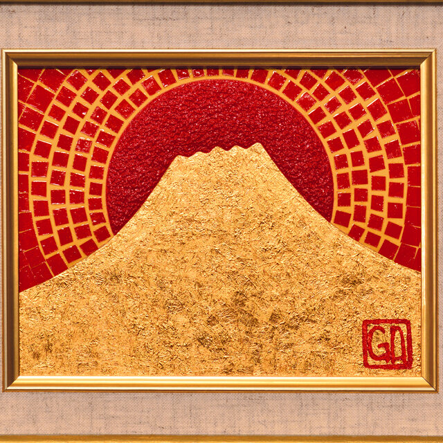 F0号油絵一番ミニチュアな『太陽と黄金富士山』がんどうあつし絵画純