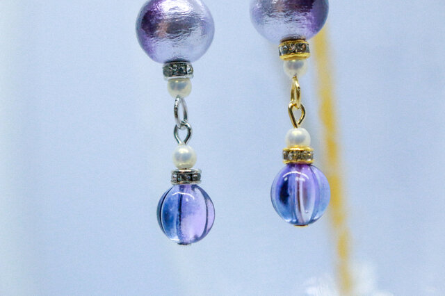 透き通るチェコガラスのかんざし ビオラ(オレンジ×パープル)金具の色が