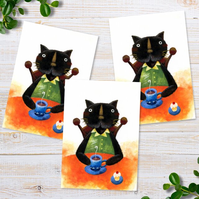 ポストカードセット＜お茶する黒猫くん＞同柄３枚入り 日本水彩画