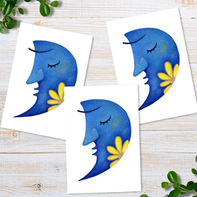 ポストカードセット＜お月様とお花2＞同柄３枚入り 日本水彩画