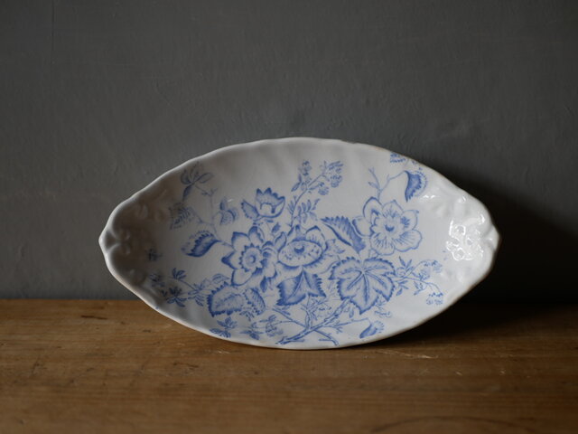 台座のついたラヴィエ ブルーの花柄 フランスアンティーク ブロカント