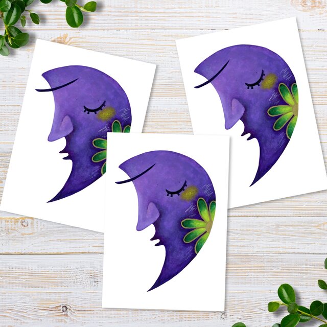 ポストカードセット＜お月様とお花4＞同柄３枚入り 日本水彩画