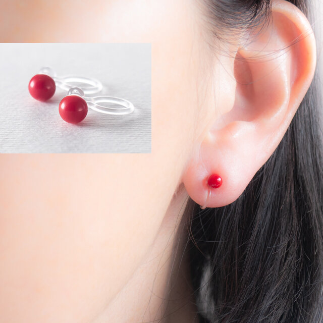 赤珊瑚のシンプルひとつぶイヤリング(ノンホールピアス)
