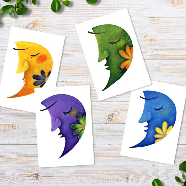 ポストカードセット＜お月様とお花シリーズ＞４枚入り 日本水彩画