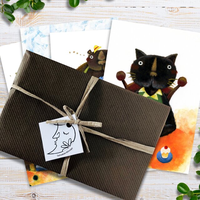 ポストカードセット＜熊さん＆黒猫くんシリーズ＞4枚入り 日本水彩画