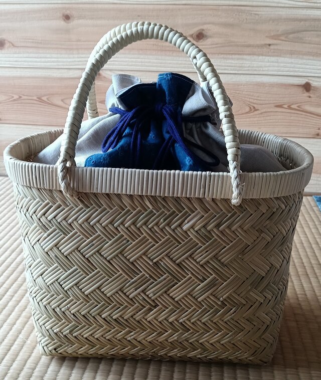 伝統の 岩手二戸 鳥越竹細工 籠バック＆巾着袋 藍ⅠR