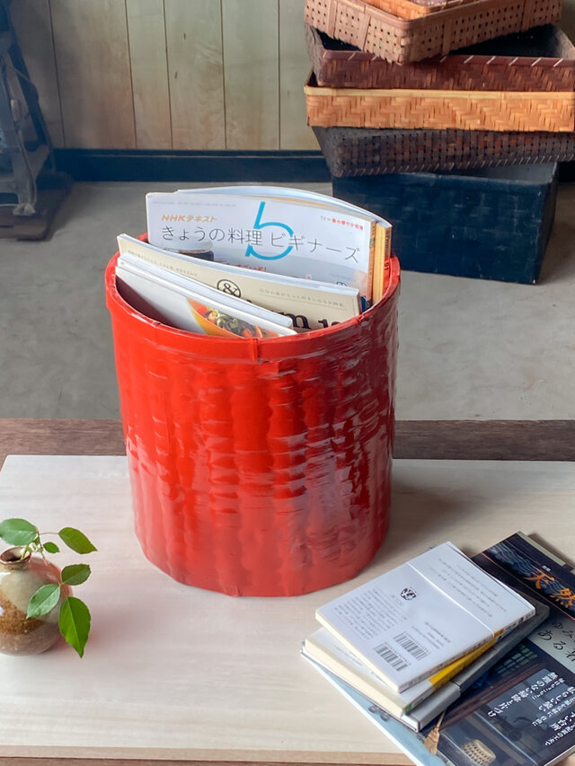 竹細工　まるい塗り籠　朱