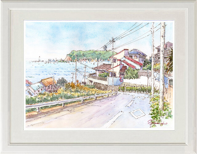 水彩画原画　緑の江ノ島と赤い屋根 it-6682cf9b2988c-1200.jpg