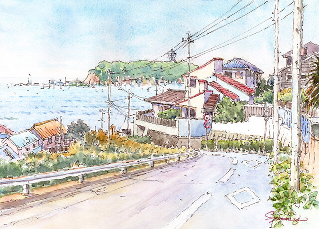 水彩画原画 緑の江の島と赤い屋根 ＃645 | iichi 日々の暮らしを