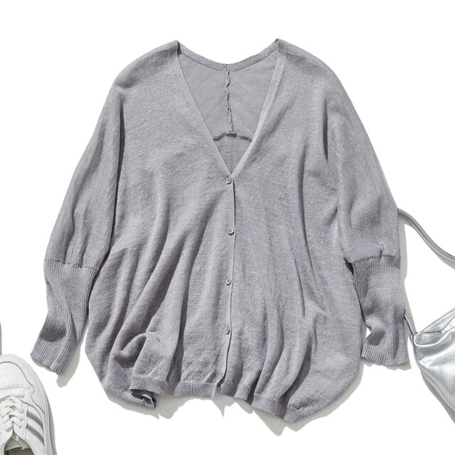 暑い季節も涼しげに！九分袖リネンカーディガン　UVカット　日焼け止め　　紫がかった灰色　240701-3